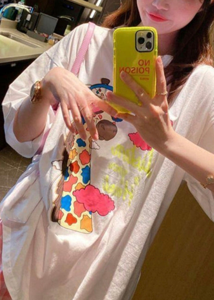 Loose White O Neck Print Cotton T Shirt Summer