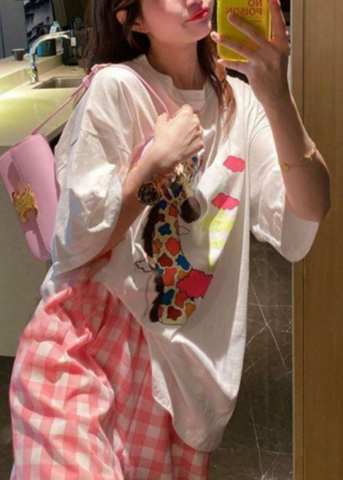 Loose White O Neck Print Cotton T Shirt Summer