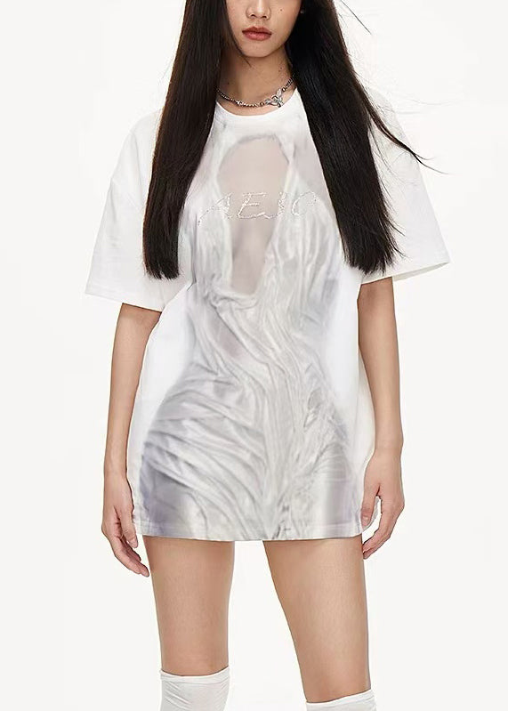 Loose White O Neck Print Cotton T Shirts Summer