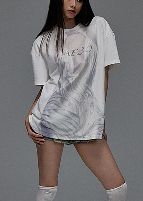 Loose White O Neck Print Cotton T Shirts Summer