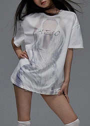 Loose White O Neck Print Cotton T Shirts Summer
