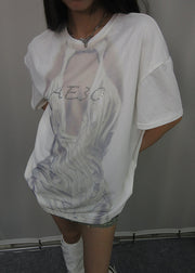 Loose White O Neck Print Cotton T Shirts Summer