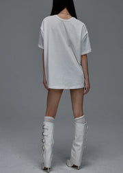 Loose White O Neck Print Cotton T Shirts Summer