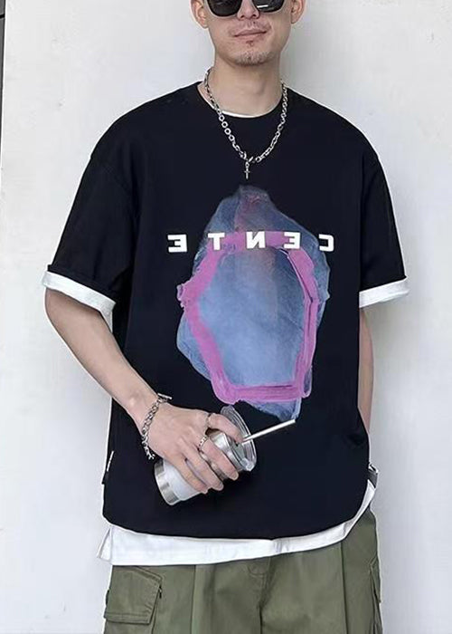 Loose White O Neck Print Patchwork Cotton T Shirt Men Summer
