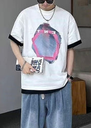 Loose White O Neck Print Patchwork Cotton T Shirt Men Summer
