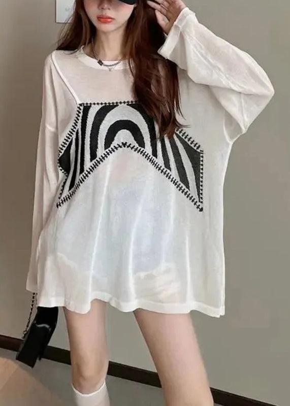 Loose White O-Neck Print Tops Spring