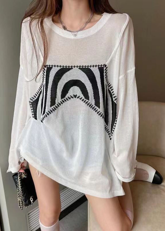 Loose White O-Neck Print Tops Spring