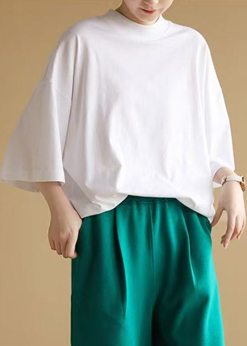 Loose White O Neck Solid Cotton T Shirts Half Sleeve