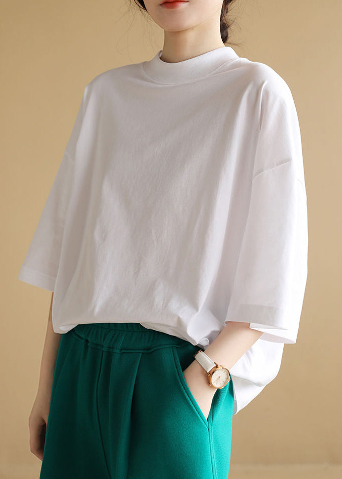 Loose White O Neck Solid Cotton T Shirts Half Sleeve