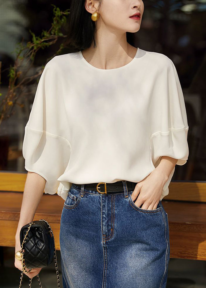 Loose White O Neck Zippered Solid Silk T Shirts Batwing Sleeve