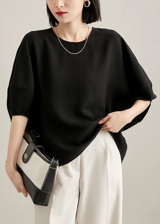 Loose White O Neck Zippered Solid Silk T Shirts Batwing Sleeve