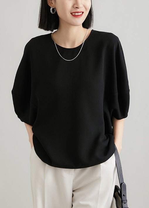 Loose White O Neck Zippered Solid Silk T Shirts Batwing Sleeve