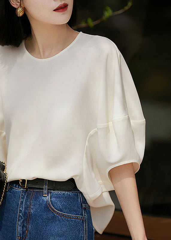 Loose White O Neck Zippered Solid Silk T Shirts Batwing Sleeve