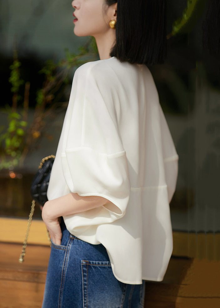 Loose White O Neck Zippered Solid Silk T Shirts Batwing Sleeve