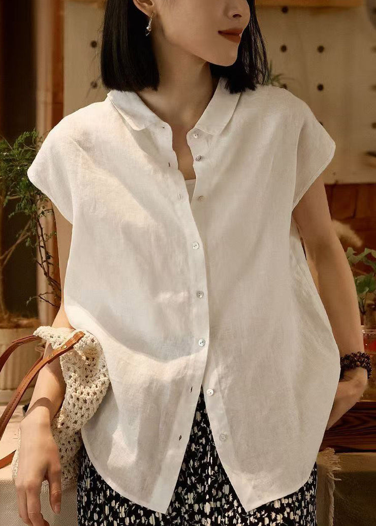 Loose White Peter Pan Collar Button Solid Linen Shirt Summer