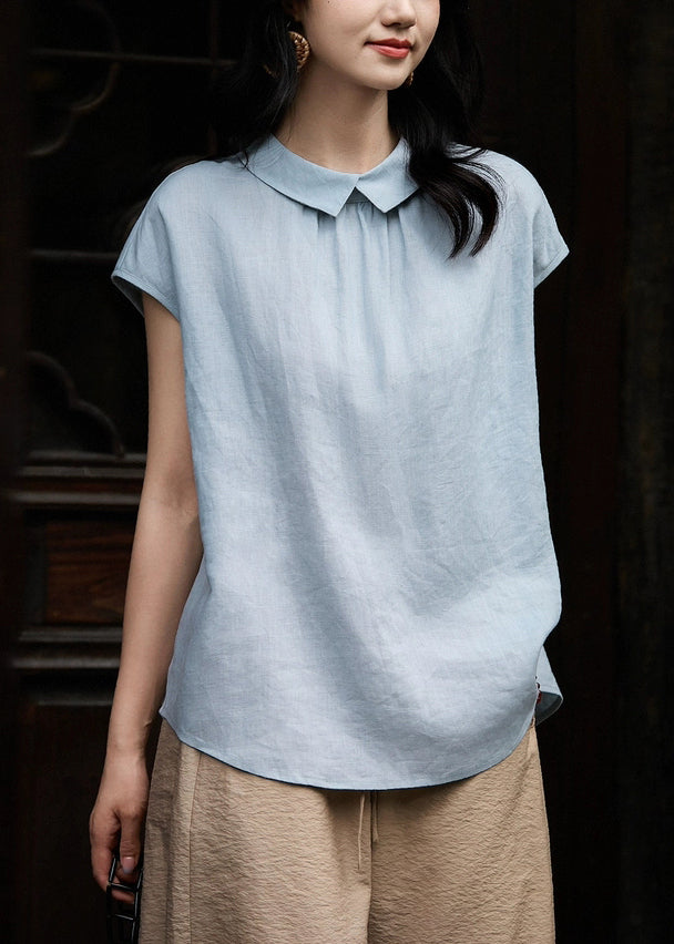 Loose White Peter Pan Collar Button Solid Linen Shirt Summer
