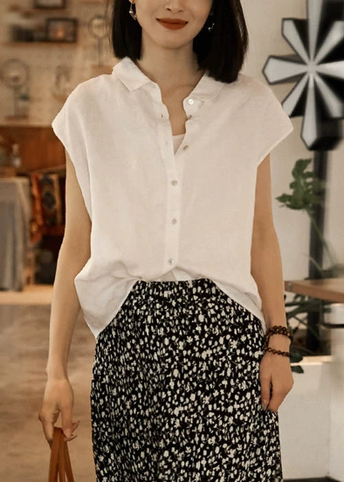 Loose White Peter Pan Collar Button Solid Linen Shirt Summer