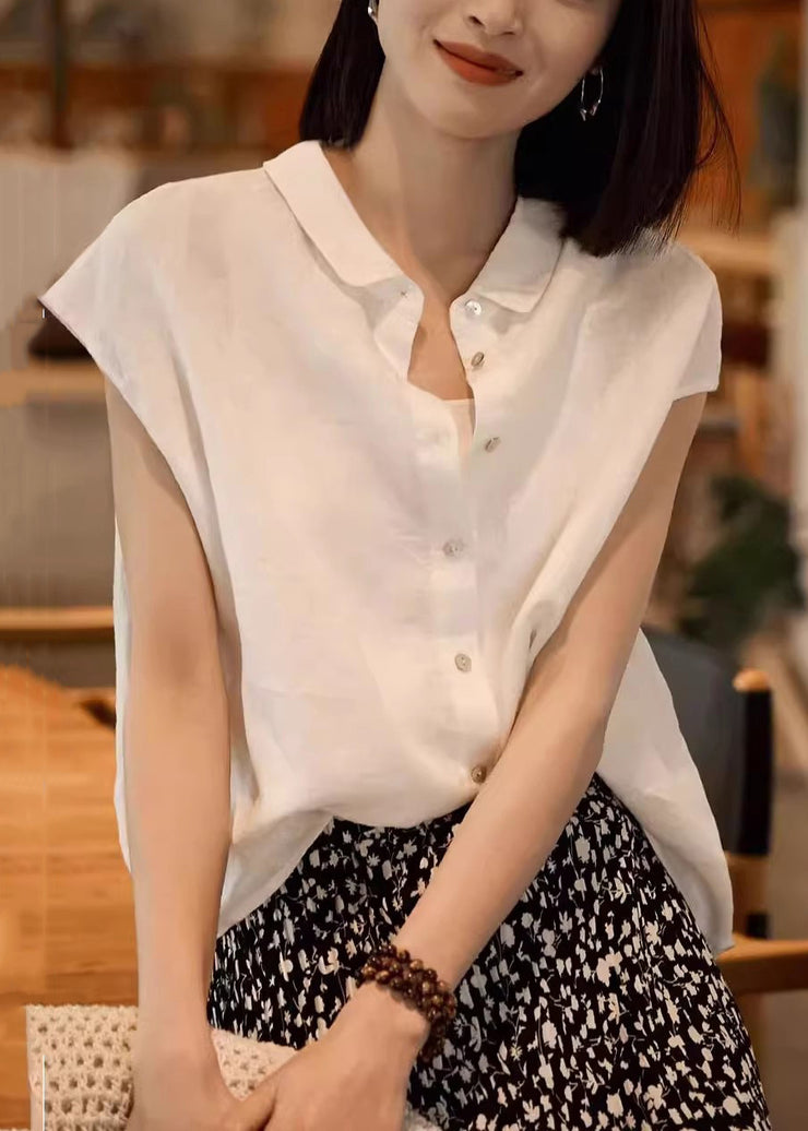 Loose White Peter Pan Collar Button Solid Linen Shirt Summer