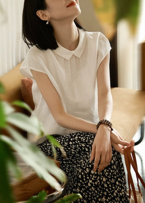 Loose White Peter Pan Collar Button Solid Linen Shirt Summer