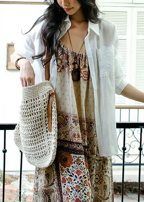 Loose White Peter Pan Collar Lace Hollow Out Cotton Shirt Fall