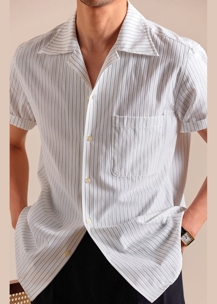 Loose White Peter Pan Collar Striped Cotton Mens Shirts Summer
