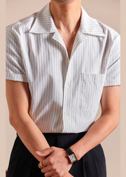 Loose White Peter Pan Collar Striped Cotton Mens Shirts Summer
