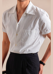 Loose White Peter Pan Collar Striped Cotton Mens Shirts Summer