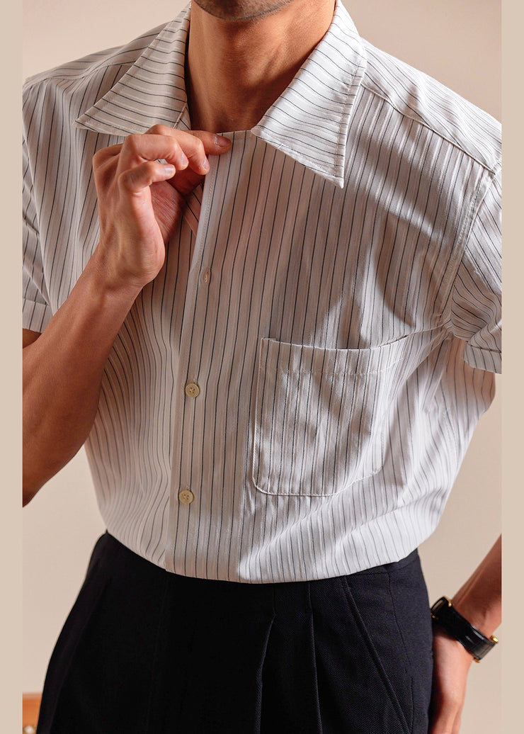 Loose White Peter Pan Collar Striped Cotton Mens Shirts Summer