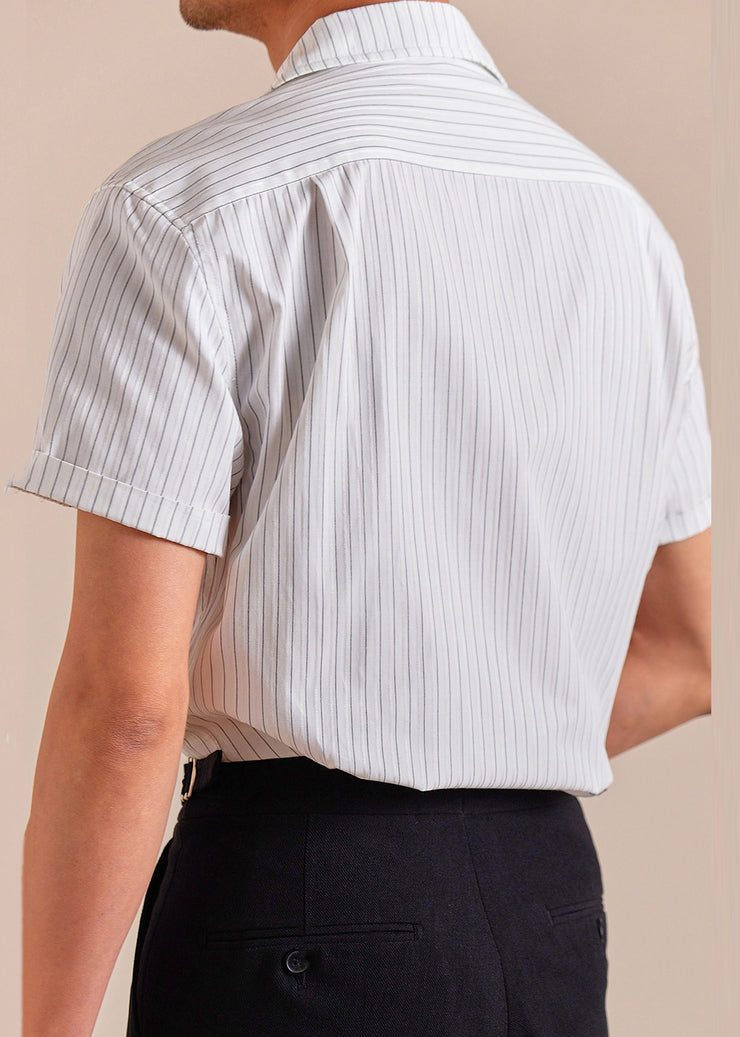 Loose White Peter Pan Collar Striped Cotton Mens Shirts Summer