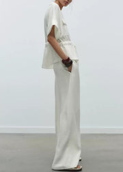 Loose White Peter Pan Collar Tie Waist Cotton Two Pieces Set Summer