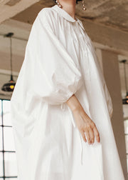 Loose White Peter Pan Collar Wrinkled Cotton Dresses Lantern Sleeve