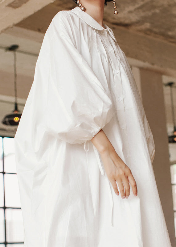 Loose White Peter Pan Collar Wrinkled Cotton Dresses Lantern Sleeve