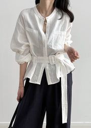 Loose White Pockets Tie Waist Linen Shirt Fall