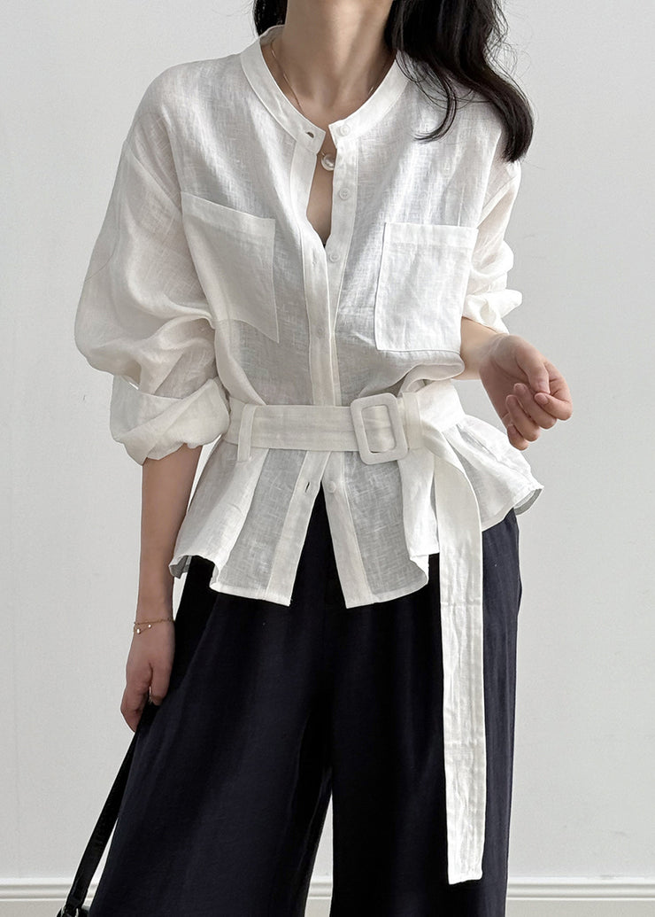 Loose White Pockets Tie Waist Linen Shirt Fall