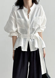 Loose White Pockets Tie Waist Linen Shirt Fall