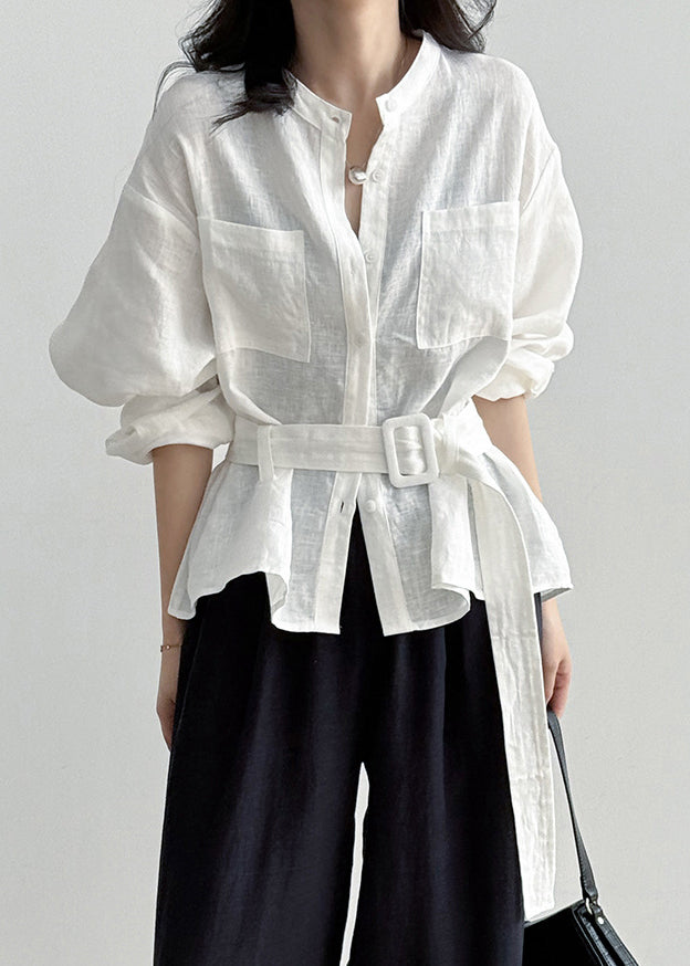 Loose White Pockets Tie Waist Linen Shirt Fall