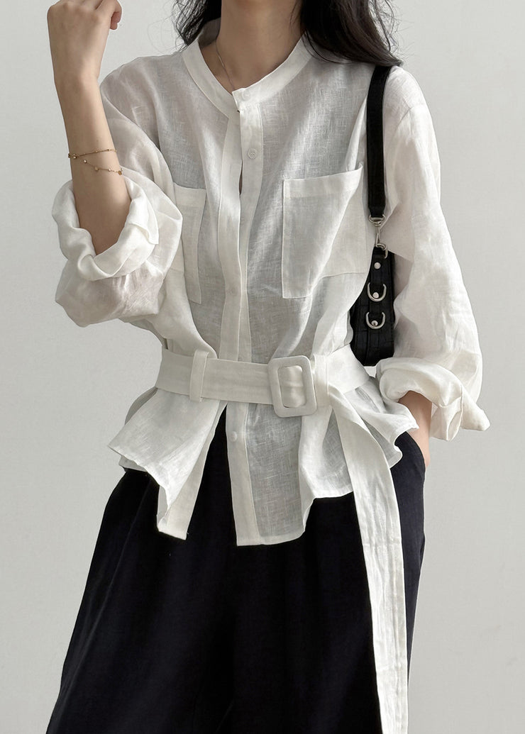 Loose White Pockets Tie Waist Linen Shirt Fall