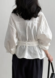 Loose White Pockets Tie Waist Linen Shirt Fall