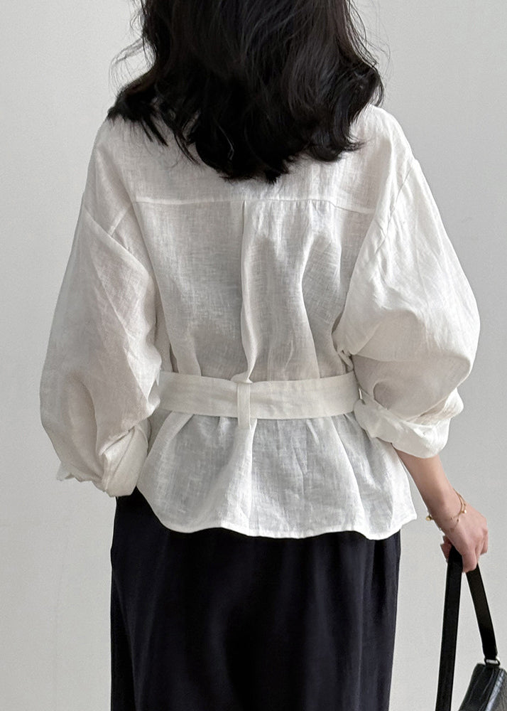 Loose White Pockets Tie Waist Linen Shirt Fall