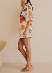 Loose White Print Lace Up Shirts And Skirts Two Pieces Set Summer
