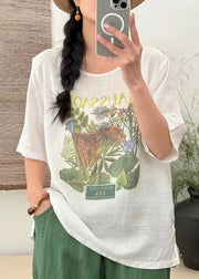 Loose White Print Side Open Linen T Shirts Summer