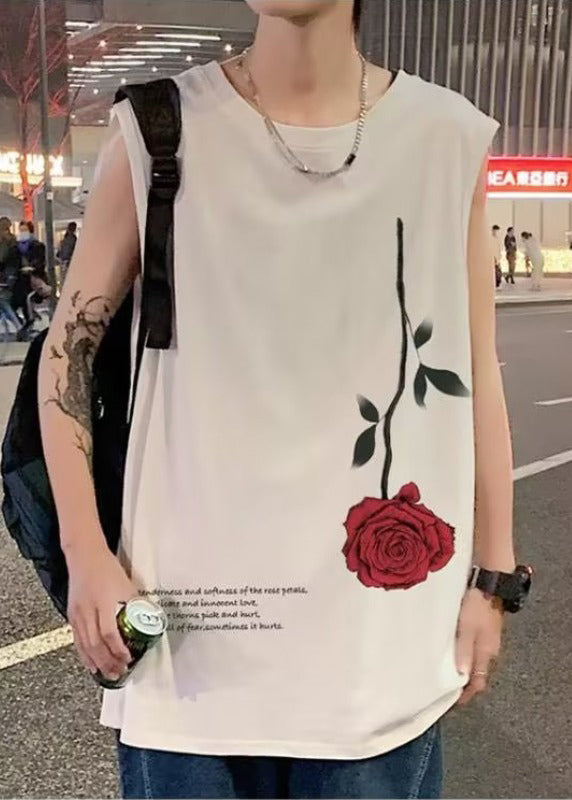 Loose White Roses Print Cotton Mens Tanks Sleeveless