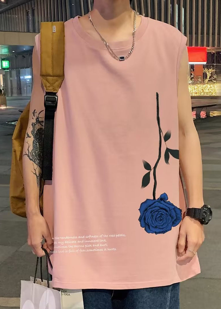 Loose White Roses Print Cotton Mens Tanks Sleeveless
