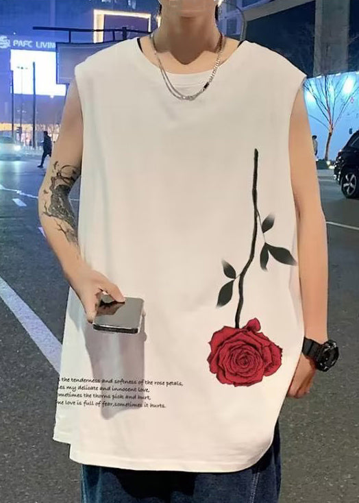 Loose White Roses Print Cotton Mens Tanks Sleeveless