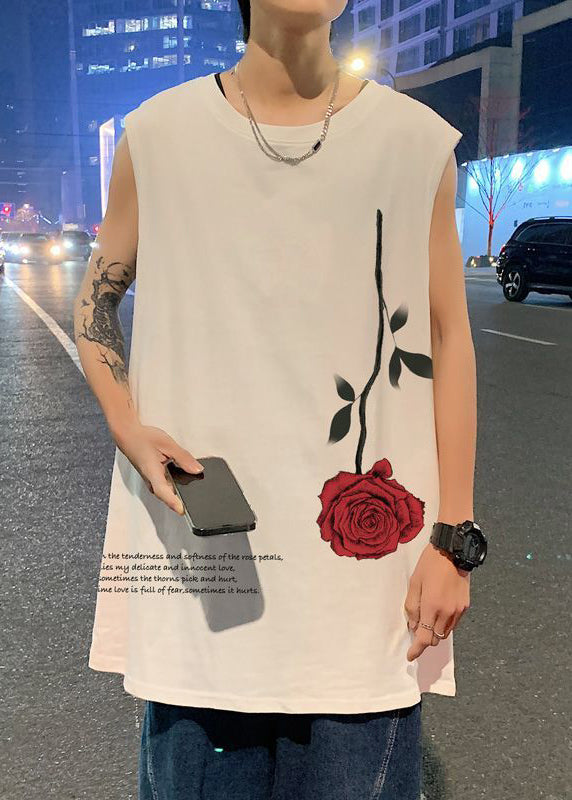 Loose White Roses Print Cotton Mens Tanks Sleeveless