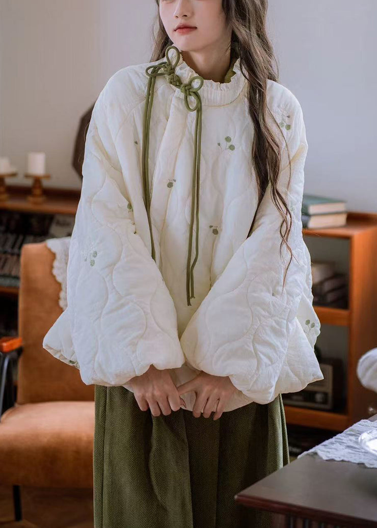 Loose White Ruffled Chinese Button Cotton Filled Parkas Lantern Sleeve