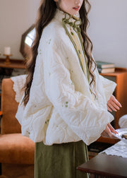 Loose White Ruffled Chinese Button Cotton Filled Parkas Lantern Sleeve