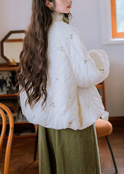 Loose White Ruffled Chinese Button Cotton Filled Parkas Lantern Sleeve