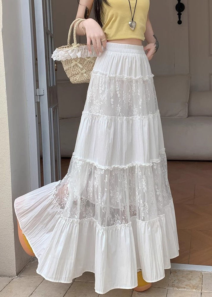 Loose White Ruffled Embroidered Tulle Patchwork Cotton Skirt Summer