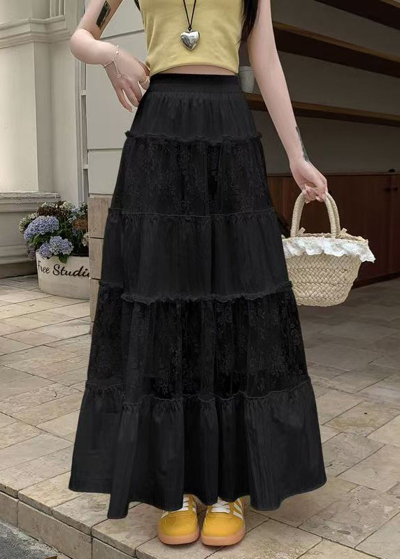 Loose White Ruffled Embroidered Tulle Patchwork Cotton Skirt Summer